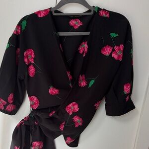 Zara Black Blouse with Pink Floral Design